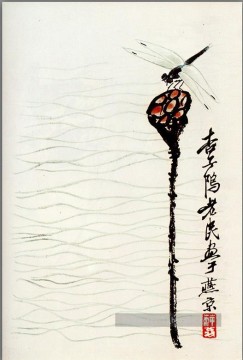Qi Baishi Lotus et libellule ancienne Chine à l’encre Peinture à l'huile